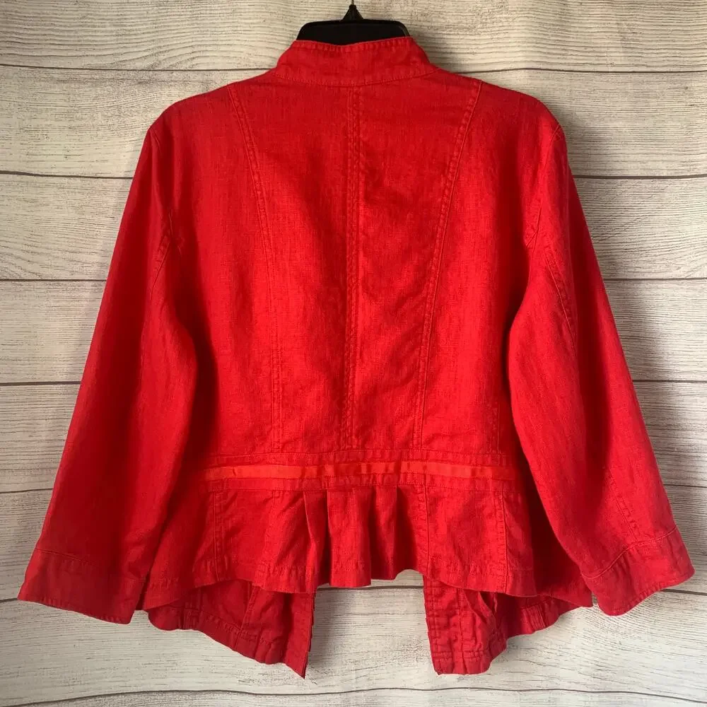 Multiples Pink Linen Blazer Jacket with Ruffle Detail 3/4 Sleeves Size L